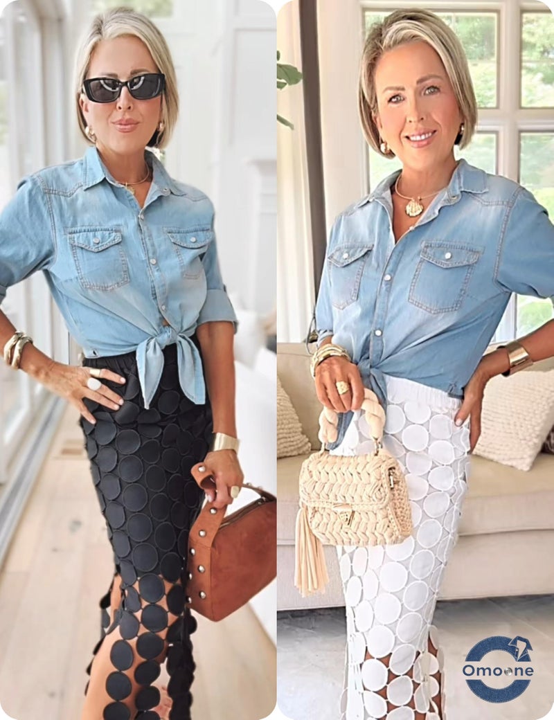 Omoone Women's 3/4 Sleeve Modern Denim Crop Top Tie Knot Shirt Cardigan (0774-Light Blue-L) - Image 3